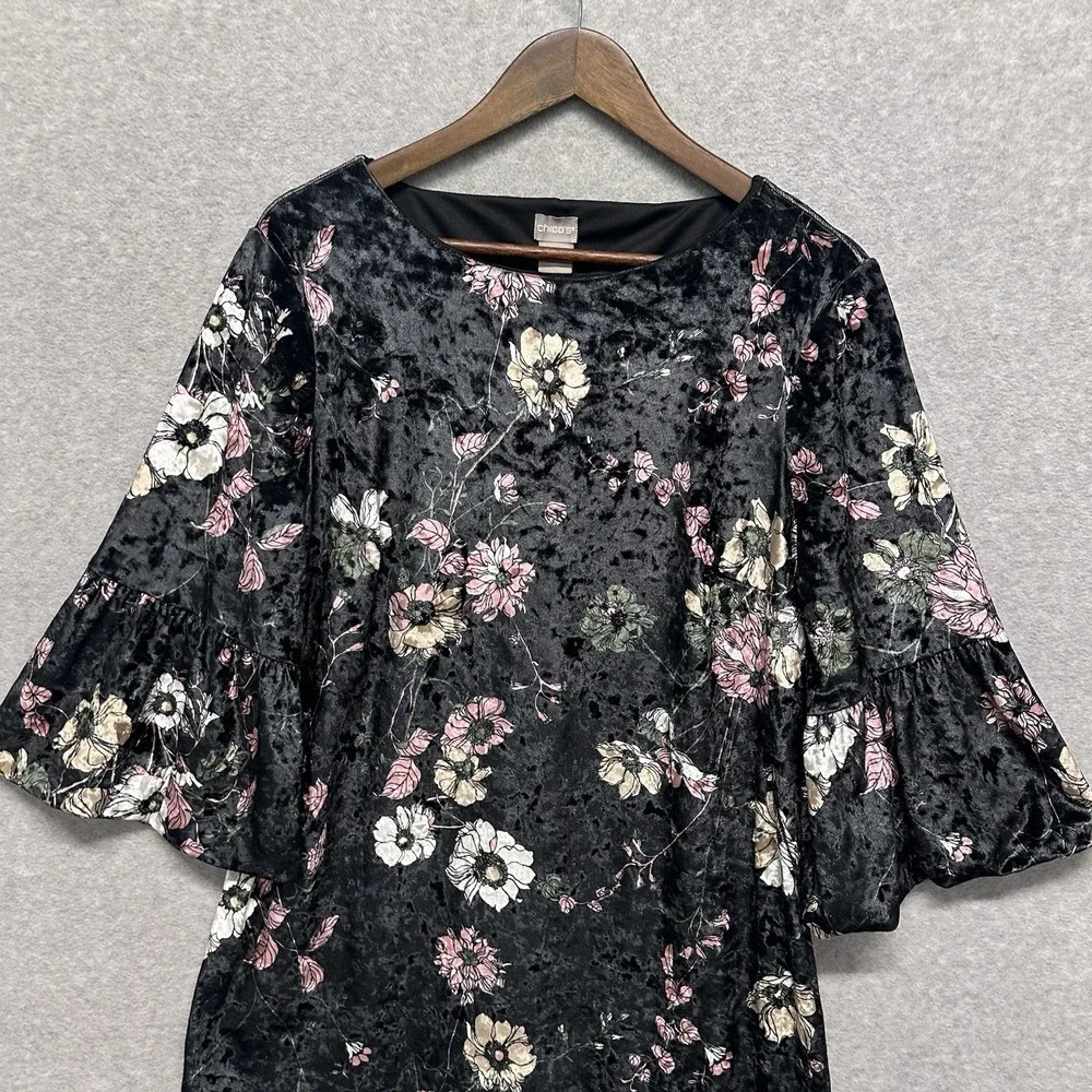Chicos Dress Women 12/14 Black Floral Whimsigoth Fairy Grunge Witchy Bell Sleeve